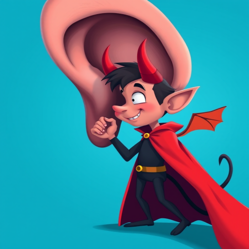 Create an illustration of a cartoon devil in a red cape whispering into a giant ear, vibrant blue background, use 35mm lens, f/2.8 aperture, ISO 100, soft focus for enhanced detail and clarity.