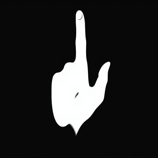 create a minimalist graphic design featuring a white hand silhouette on a black background, focusing on the index finger pointing upwards, use a high-resolution setting of 300 DPI, capture from a frontal view using a digital camera style with a 50mm lens at f/2.8 aperture, ensure sharp contrast and clarity in the image.