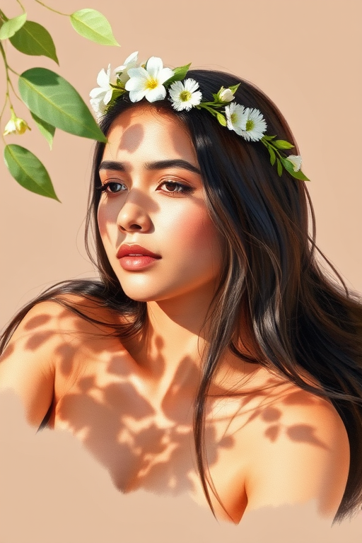 create a watercolor painting of an ethereal portrait of beautiful Aymara woman with a simple white flower crown on her head. Her hair is long and she is lying on the ground. The sunlight on the trees casts shadows from the leaves on her face and body. The background is a neutral brown color that matches her skin tone. The image is minimalist and solid colors. This style is characterized by soft, delicate brushstrokes and a light, airy, contrasting color palette. High level of detail and play of light