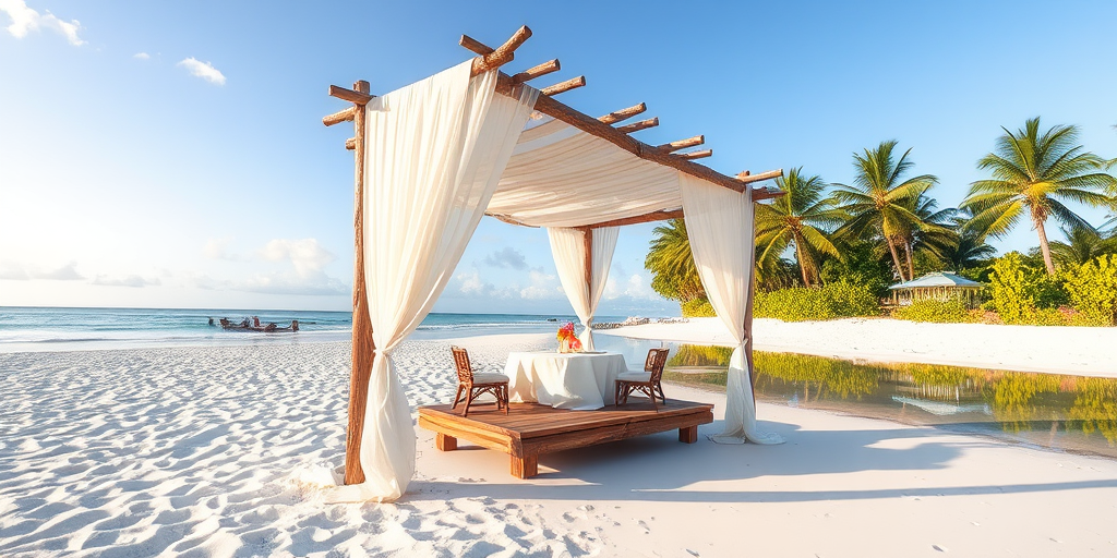 Create a picturesque tropical beach scene featuring a serene, white sandy shore. In the foreground, there's a rustic wooden canopy with white drapes gently flowing in the breeze. Underneath the canopy, a table is set with tropical decor, evoking a sense of relaxation and leisure. The beach extends into a calm, shallow water area with reflections of the sky and surroundings. Palm trees and lush greenery line the edge of the beach, providing a natural, tropical backdrop. The sky is clear with a few scattered clouds, and the overall atmosphere is tranquil and inviting, perfect for a peaceful retreat.