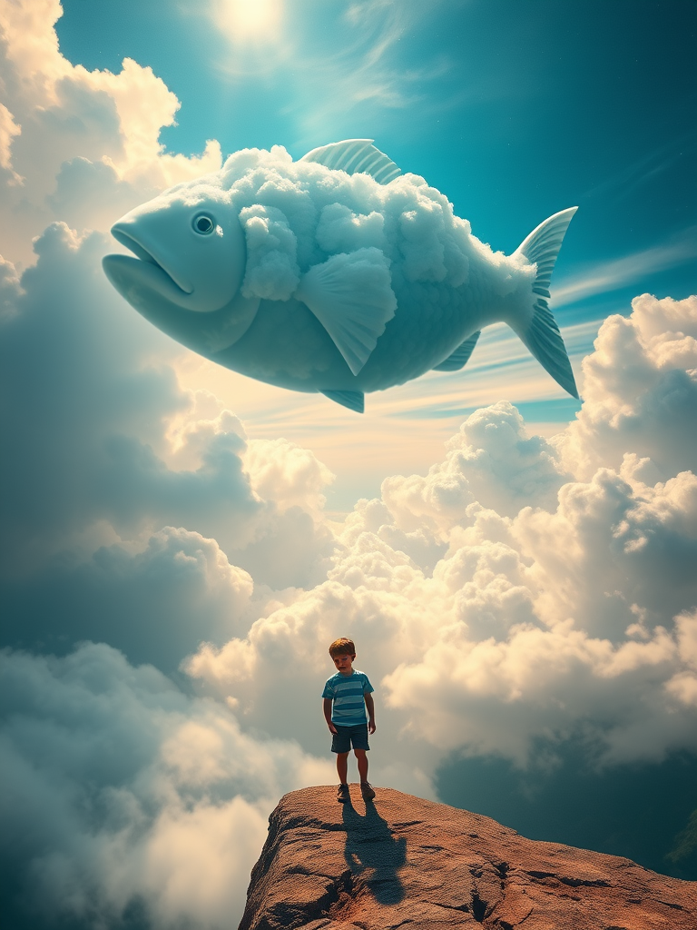 Create a surreal landscape featuring a child standing on a cliff with a giant cloud creature resembling a fish above, vivid colors in the clouds and cosmic details, shot with a DSLR camera at ISO 100, f/8 aperture, 35mm lens, wide-angle view for depth, high dynamic range to enhance contrast and color saturation.