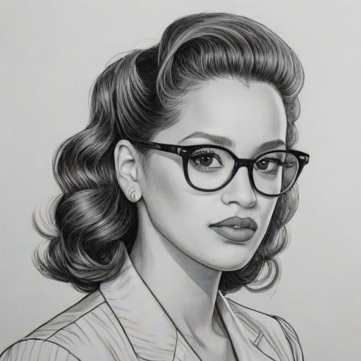 Elegant Dascha Polanco, pencil sketch, portrait of Splendid woman 1944s in glasses, hair style beatnik, outline, clear lines, fine lines, 8k