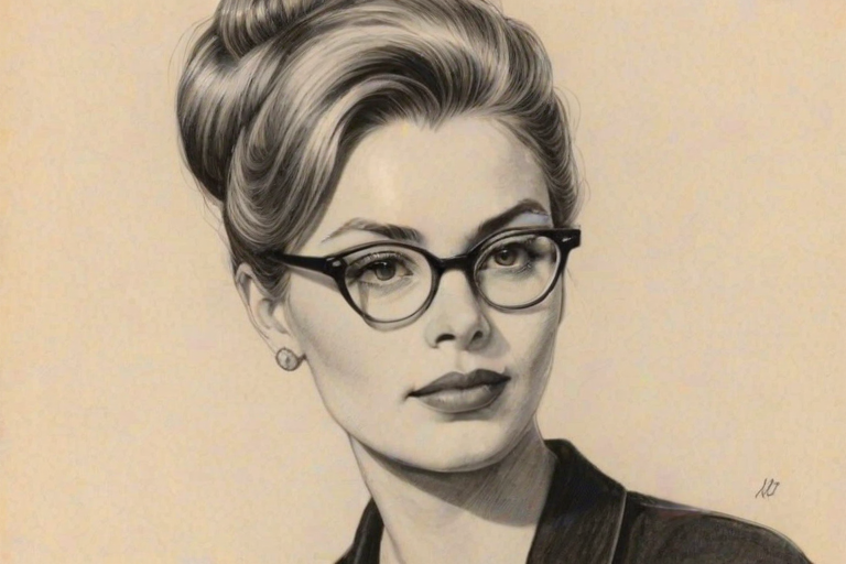 Fascinating Deborah Kara Unger, pencil sketch, portrait of Exquisite woman 1958s in glasses, hair style beatnik, outline, clear lines, fine lines, 8k