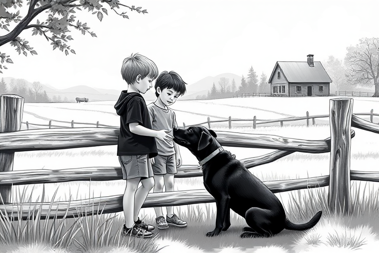Create a high-definition black and white illustration of two children interacting with a black dog by a wooden fence in a pastoral setting with a farmhouse in the background, using a Canon EOS R5, ISO 100, f/8 aperture, 50mm lens, natural daylight to enhance clarity and detail.