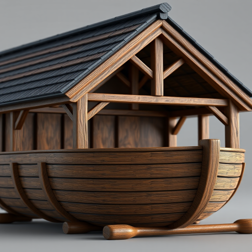 Generate a highly detailed 3D rendering of a wooden ark with a textured dark roof, camera settings: f/8 aperture, ISO 200, 50mm lens, camera view: close-up angle, camera style: realistic, camera type: DSLR.