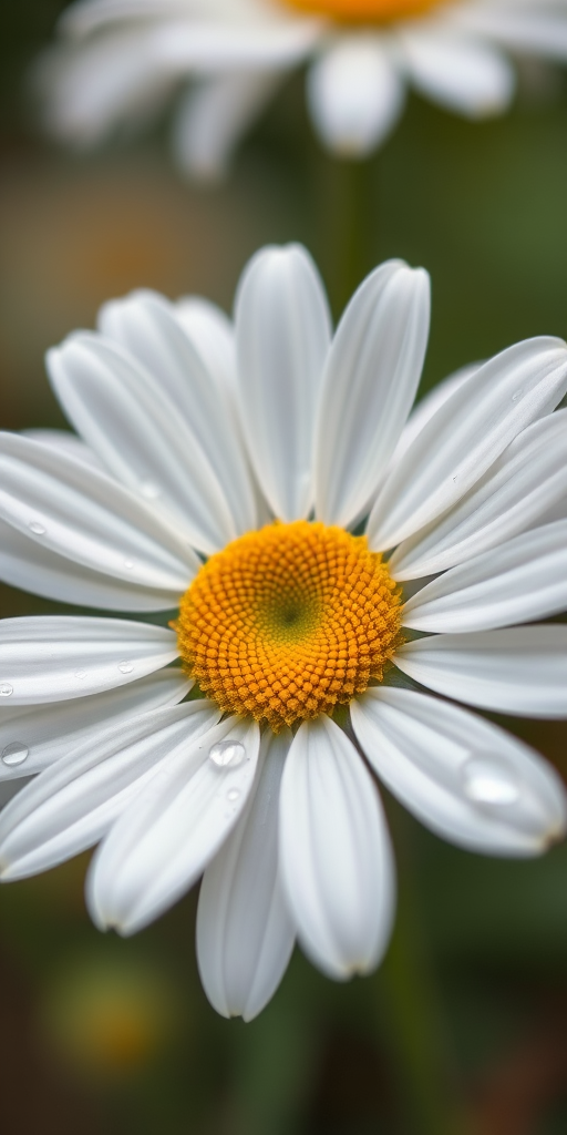 create a close-up image of a white daisy with a yellow center, dew drops on the petals, set against a soft blurred background