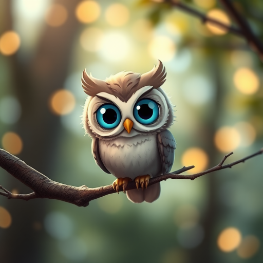 Regenerate a cute, cartoonish owl perched on a branch with big expressive blue eyes, surrounded by glowing bokeh lights in a dreamy forest setting, using a DSLR camera with a 50mm lens, f/1.8 aperture, ISO 200, and soft natural lighting for enhanced image quality.