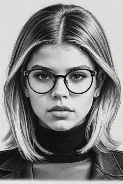 Bewitching Sofia Richie, pencil sketch, portrait of Magnificent woman 1970s in glasses, hair style beatnik, outline, clear lines, fine lines, 8k