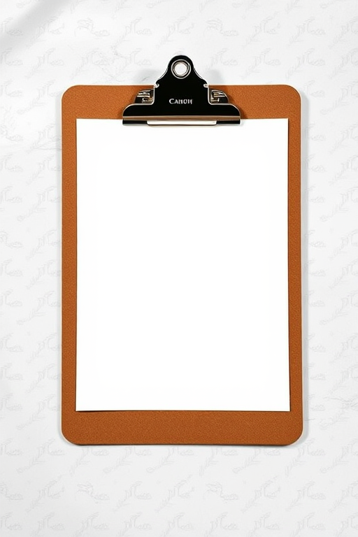 Create a high-resolution image of a clipboard with a blank sheet of paper, using a Canon EOS 5D Mark IV camera, 50mm lens, f/2.8 aperture, ISO 100, shot from a top-down view, soft natural lighting to enhance details and colors.