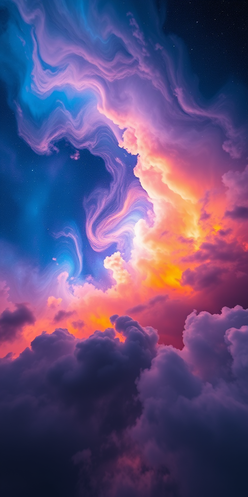 Generate a vivid cosmic scene featuring swirling colorful clouds in vibrant shades of blue, orange, and purple, captured with a Canon EOS R5, 24mm lens, f/2.8 aperture, ISO 100, 1/125s shutter speed, in a wide-angle perspective to showcase depth and grandeur.