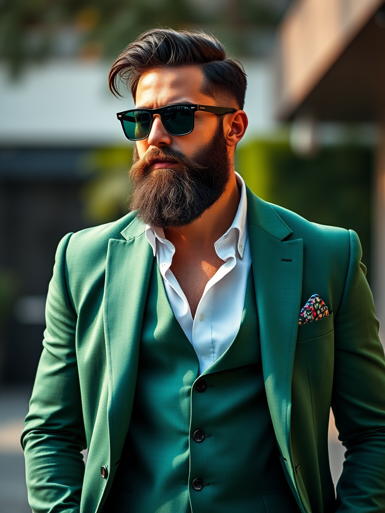generate a high-resolution vector image of a man in a stylish green suit with an open shirt, wearing sunglasses and a thick beard, using a Canon EOS R5 camera at 50mm f/1.2 aperture, 1/200s shutter speed, ISO 100, with a soft focus background effect for enhanced depth.