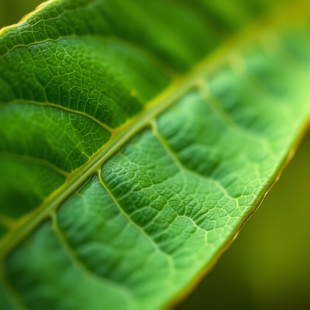 close-up of a green leaf with detailed texture, natural soft lighting, shallow depth of field, f/2.8 aperture, ISO 100, 50mm macro lens, DSLR camera, vibrant colors, focus on leaf edges