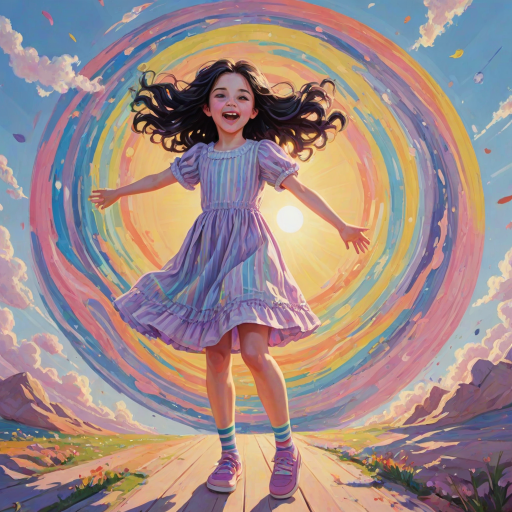 A depiction, in colorful paints, of a little girl, back to the viewer, short stripy socks, lilac and blue dress, arms outstretched, long black wavy hair being blown by the breeze, bight summer's day, up in the blue sky a giant colorful sun face, with pretty eyes, pink lips, colorful swirls, and rainbow colored flames shooting off in all directions