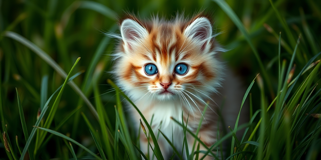 A realistic portrait of a fluffy kitten with striking blue eyes sitting in lush green grass, captured with a Canon EOS R5, 50mm f/1.2 lens, aperture f/1.2, ISO 100, shallow depth of field, natural soft lighting.