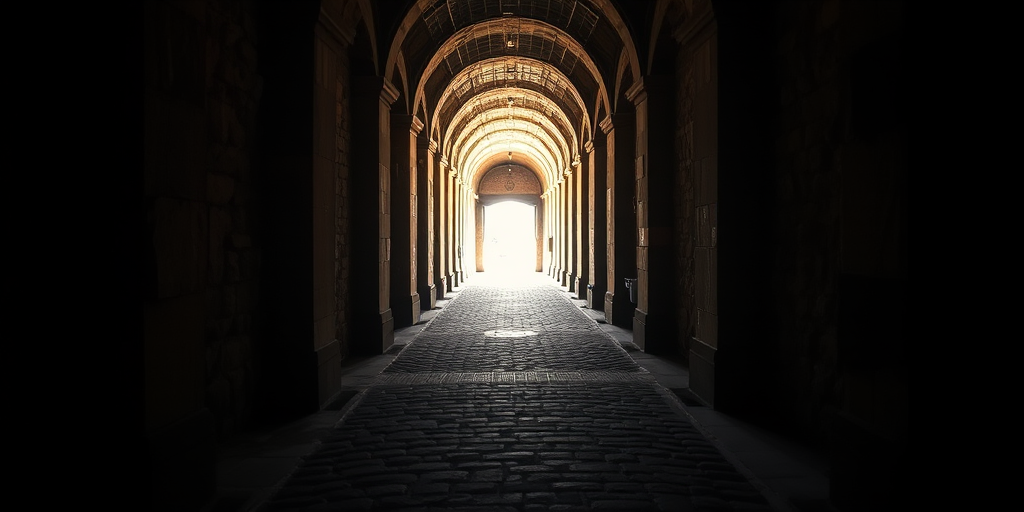 Generate an image of a long, dimly lit corridor with stone pillars and a cobblestone floor, focus on the perspective leading to a bright light at the end, use a DSLR camera, aperture f/2.8, ISO 100, shutter speed 1/60 seconds, wide-angle lens, and a soft focus style for a dreamy effect.