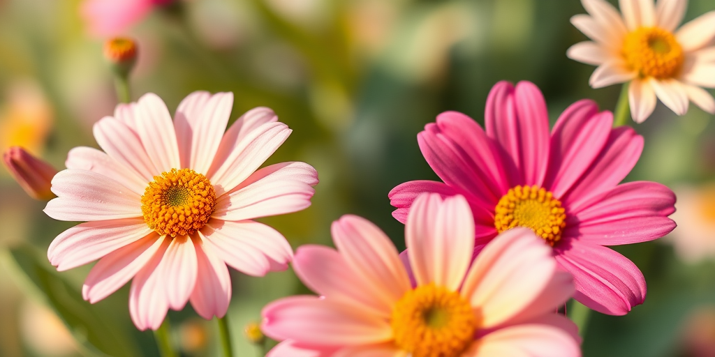 Regenerate a vibrant illustration of four stylized flowers in pastel colors, using a DSLR camera with a 50mm lens, aperture set to f/2.8 for shallow depth of field, ISO 100 for minimal noise, and natural lighting at a close-up view to enhance detail and texture.