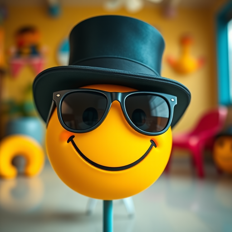 Create a vibrant, cartoon-style image of a smiling yellow emoji wearing a black top hat and oversized dark sunglasses, captured with a Canon EOS 5D Mark IV, Aperture f/2.8, ISO 100, 50mm lens, in a bright, playful setting with a shallow depth of field.