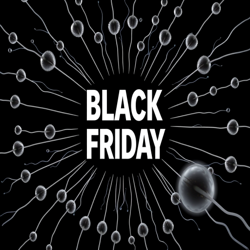 Create an image featuring the text "Black Friday" in bold white font at the center, surrounded by radial lines resembling sperm, with a high contrast black background, using a DSLR camera, aperture set to f/2.8, shutter speed 1/60s, ISO 100, high dynamic range for enhanced clarity.