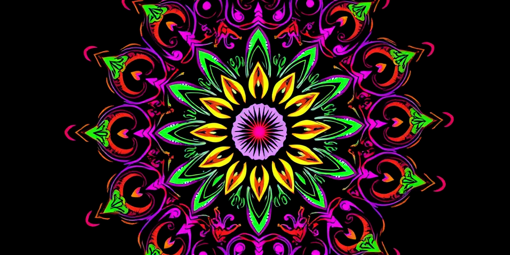 Create a vibrant and intricate mandala design featuring swirling patterns in pink, purple, green, and orange on a black background, captured using a DSLR camera at f/2.8 aperture, ISO 100, 50mm lens, styled with a macro view to enhance details.