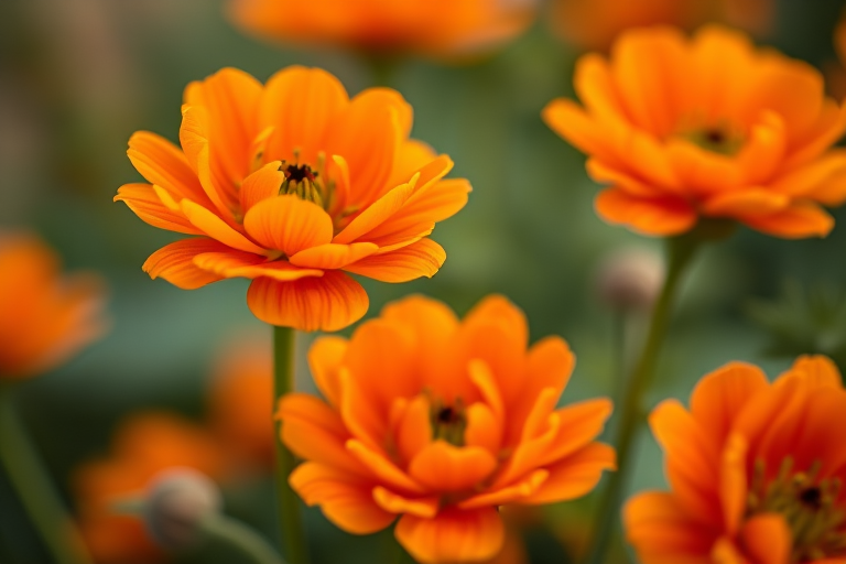 Close-up macro shot of vivid orange ranunculus flowers with soft focus background, f/2.8 aperture, 100mm macro lens, ISO 100, natural light, shallow depth of field, DSLR camera.