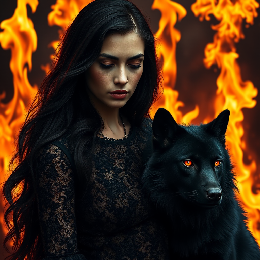 A woman with long dark hair, wearing a black lace dress that seamlessly blends into her skin with intricate floral patterns. She is in the foreground, with a black wolf beside her; its fur is midnight black, and it has glowing, intense, orange eyes that match hers. Her eyes are partially closed with burning embers above them, giving a fiery and mystical aura. The background is engulfed in tall, roaring flames, contributing to an overall dark and supernatural atmosphere. The colors are intense, predominantly black, fiery orange, and deep reds, with sharp contrast highlighting the mysterious and fierce theme. The flames are bright and dynamic, casting dramatic light and shadow, illuminating the woman and wolf while leaving parts in near darkness. The image evokes a sense of otherworldly power and connection between the woman and the wolf.