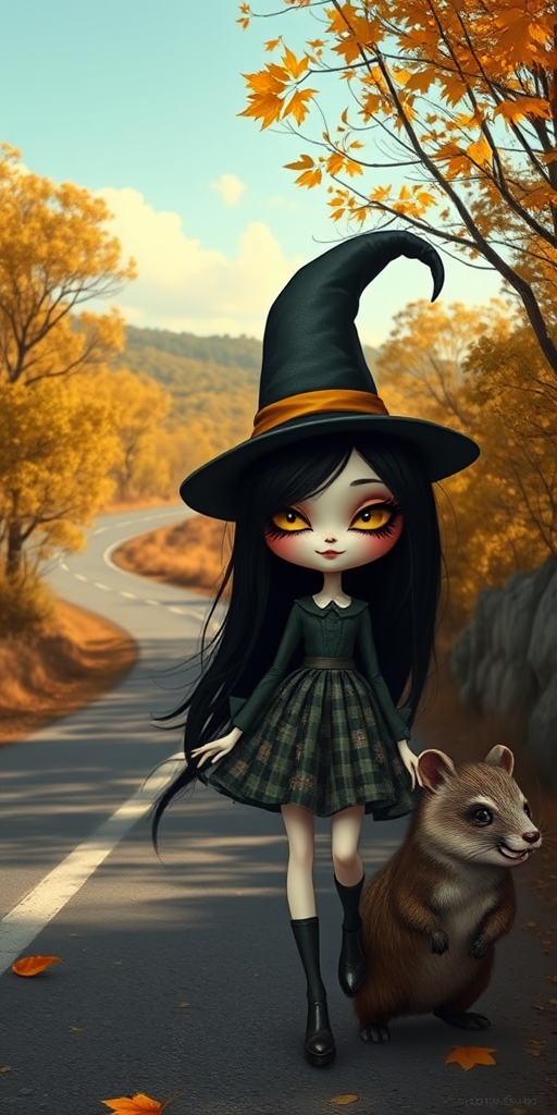 digital art fantasy depicting a strange girl with black hair, long eyelashes, Yellow lipstick and a tall hat walking along a winding road on an autumn afternoon, an Numbat smiles as she passes