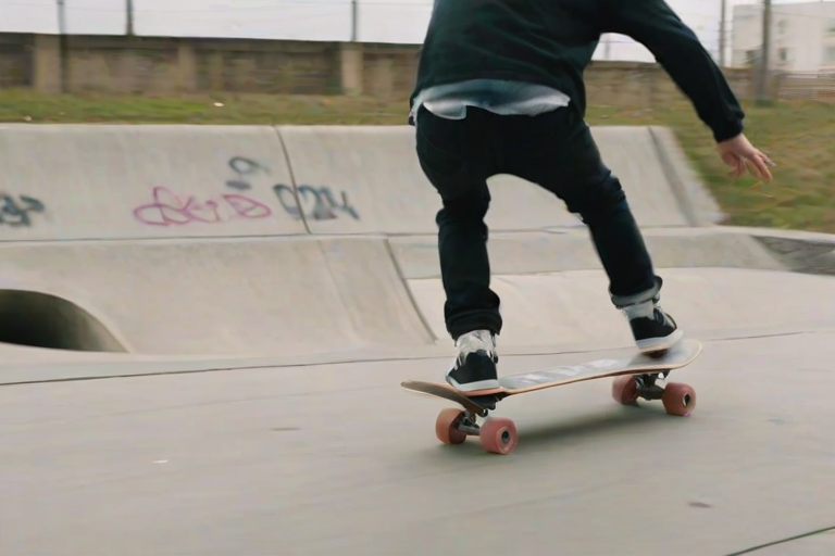 Blurry action shot of a skateboarder mid-air, the board spinning beneath them, soft focus on the concrete park below, distant graffiti-covered walls adding a sense of urban edge.
