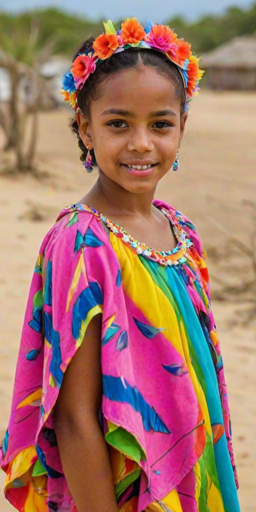A beautiful Cape Verdean girl, wearing colorful bird clothing with vibrant colors