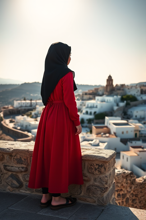 A young girl in a red dress and black hijab stands on a stone wall overlooking a small, sunlit town with white buildings against a clear sky, captured with a full-frame DSLR camera, 50mm lens, f/1.8 aperture, ISO 100, in natural light for enhanced detail and depth.