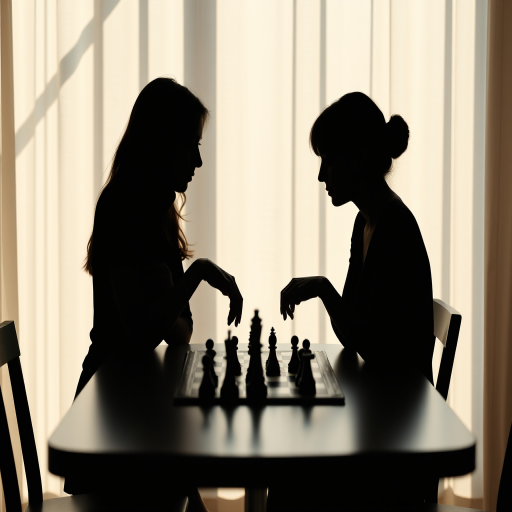 create a minimalistic silhouette image of two women playing chess at a table, soft natural lighting, shallow depth of field, shot with a Canon EOS R5, 50mm lens, aperture f/2.8, ISO 100, focus on the chessboard and the players' hands