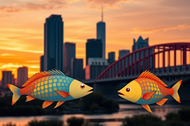 Create a vibrant city skyline at sunset featuring tall buildings and a bridge in the background with stylized fish in the foreground, captured in a panoramic view, using a DSLR camera with a 24mm lens, aperture f/8, ISO 100, and a shutter speed of 1/125 sec, ensuring high detail and vivid colors.