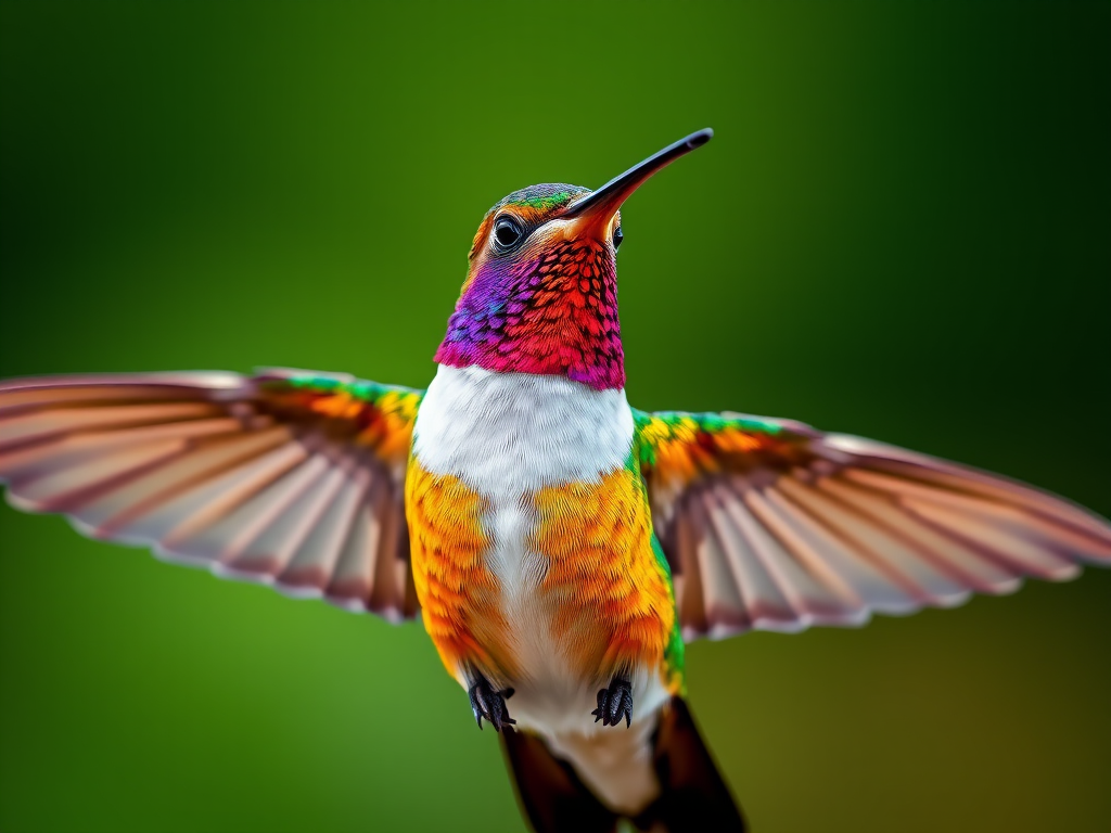 Generate a vibrant digital illustration of a hummingbird with bright colors, focusing on its wings spread wide, using a Canon EOS 5D Mark IV camera, aperture f/2.8, shutter speed 1/1000s, ISO 400, shot from a low angle with a shallow depth of field for enhanced detail and contrast.
