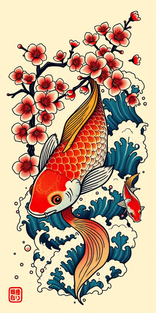 Traditional Japanese tattoo "Koi's Ascension" featuring a vibrant koi fish swimming upstream through cherry blossoms and turbulent waves, rendered in bold colors and clean black outlines