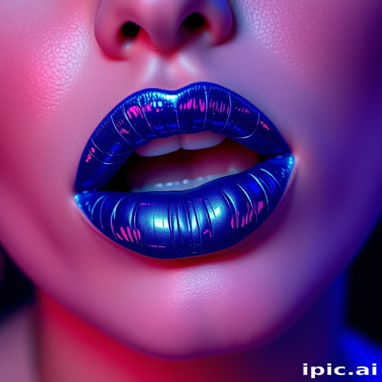 Electric blue metallic liquid lipstick "Neon Nights" with an intense foil-like finish and ultra-long wear, designed for bold statement looks and nightclub scenes, transfer-resistant formula