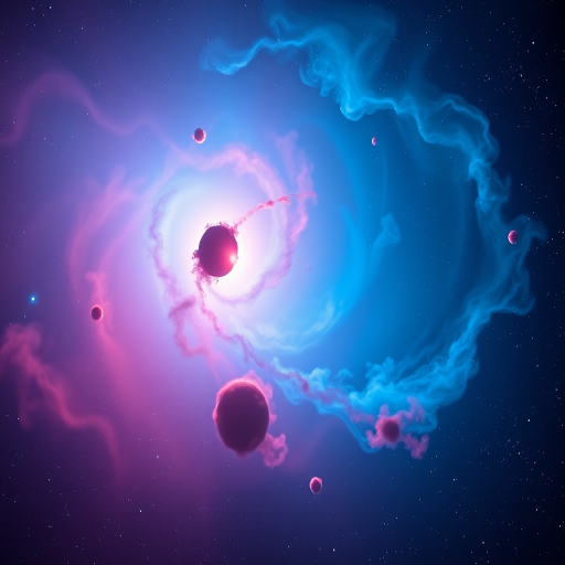 Create a high-resolution image of a vibrant nebula in space with swirling blue and pink gases, captured using a DSLR camera with a 24mm lens, f/2.8 aperture, ISO 800, and a long exposure of 30 seconds, taken from a low-angle perspective to emphasize depth and detail.