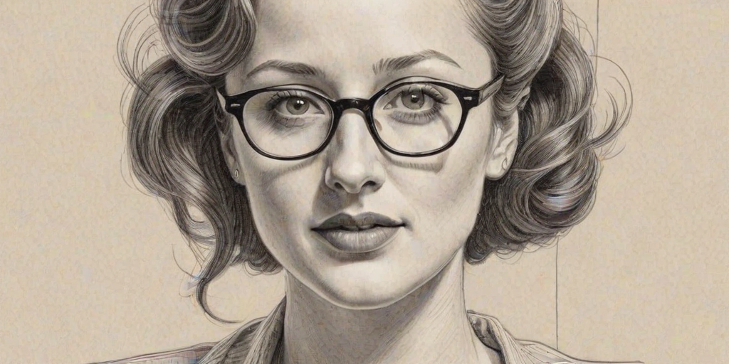 Pleasing Andrea Riseborough, pencil sketch, portrait of Alluring woman 1941s in glasses, hair style beatnik, outline, clear lines, fine lines, 8k