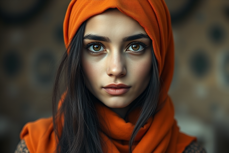 Create a portrait of a young Turkish female with long, dark hair and captivating hazel eyes. She is wearing a orange headscarf and a matching scarf draped gracefully around her neck. The background is softly blurred, focusing attention on her serene and natural expression. The overall color palette is muted and warm, enhancing the intimate and authentic feel of the portrait.