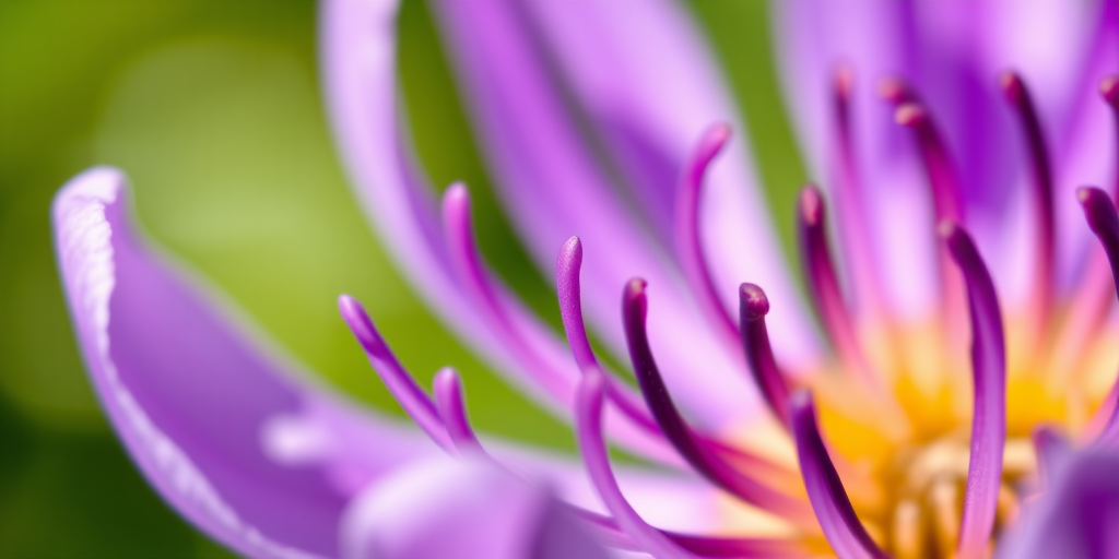 A close-up of a blooming flower with purple petals and green background, capture at f/2.8 aperture, ISO 100, 1/200 sec shutter speed using a macro lens on a DSLR camera, natural sunlight for enhanced detail and vibrancy.