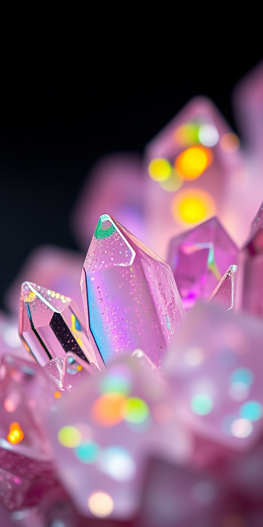 macro shot of colorful crystals with light reflections and rainbow hues, 100mm f/2.8, ISO 100, shutter speed 1/125s, natural light, DSLR camera, shallow depth of field, vibrant colors