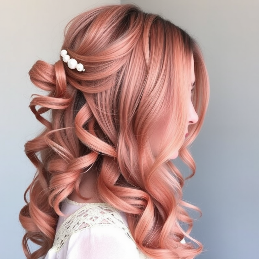 Romantic dusty rose balayage on long, flowing locks styled in loose vintage-inspired pin curls, adorned with pearl hair pins named "Victorian Blush" evoking timeless romance