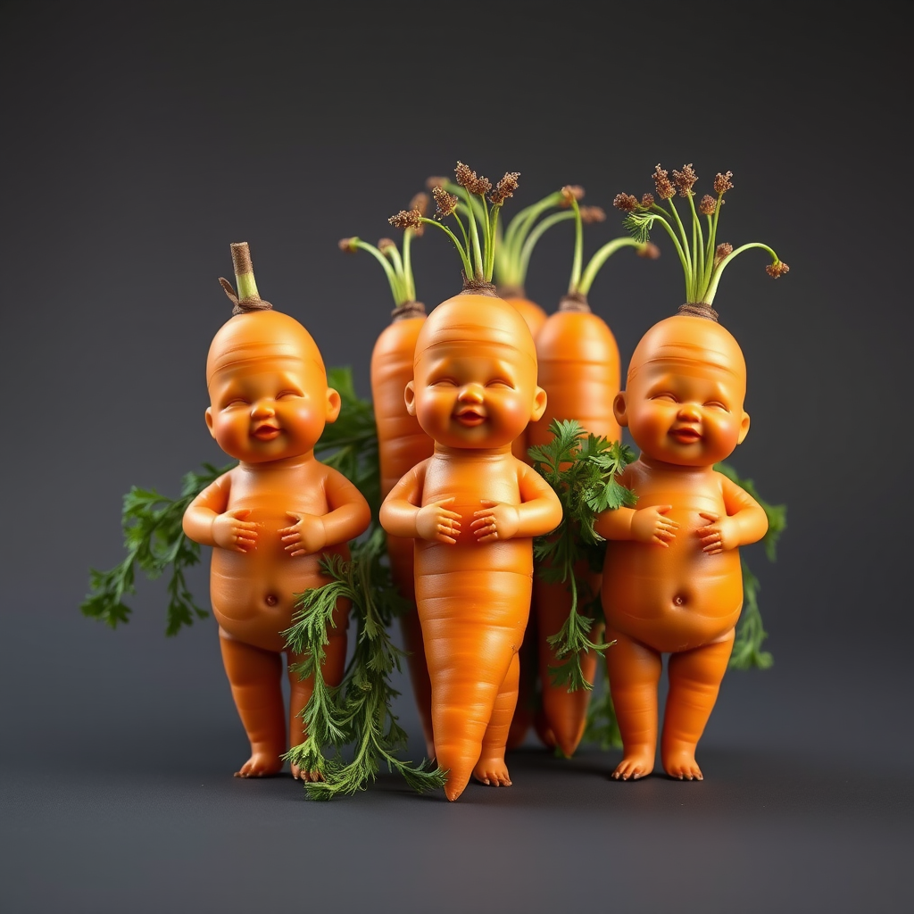 A bunch of carrots in the form of anthropomorphic babies.