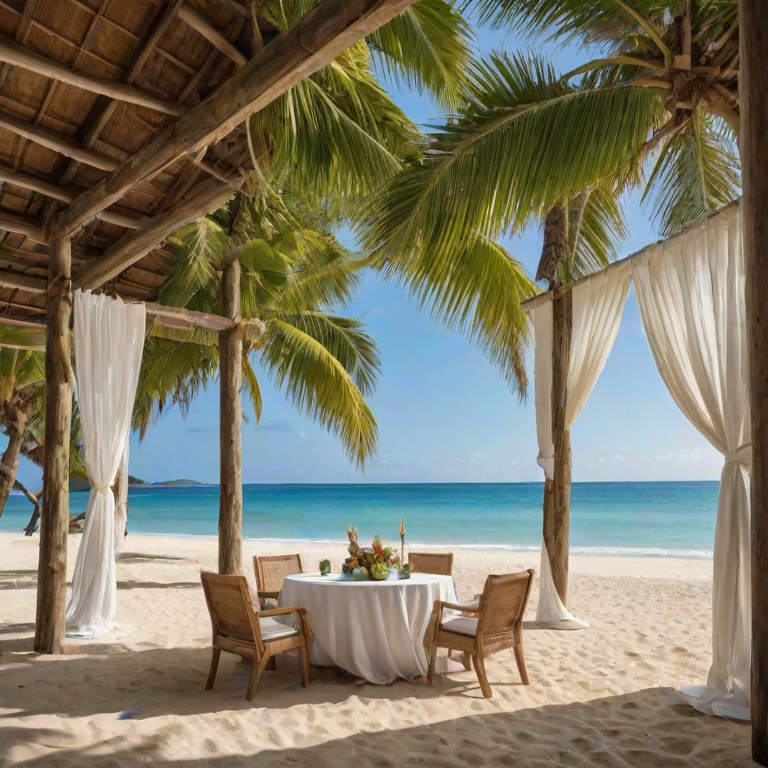 Create a picturesque tropical beach scene featuring a serene, white sandy shore. In the foreground, there's a rustic wooden canopy with white drapes gently flowing in the breeze. Underneath the canopy, a table is set with tropical decor, evoking a sense of relaxation and leisure. The beach extends into a calm, shallow water area with reflections of the sky and surroundings. Palm trees and lush greenery line the edge of the beach, providing a natural, tropical backdrop. The sky is clear with a few scattered clouds, and the overall atmosphere is tranquil and inviting, perfect for a peaceful retreat.