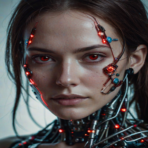 wired-cyborg, biomechanical, high quality photography of a woman's face, split down the middle, showcasing two distinct halves. The left side of her face is a mechanical construct, resembling a futuristic cyborg or android, with intricate circuitry and wires visible beneath her skin. The mechanical half is a dark, metallic color with glowing red circuitry and numerous tiny, glowing red lights, giving it an eerie, otherworldly appearance. The right side of her face is human, with pale, almost deathly skin, sci-fi horror aesthetic.