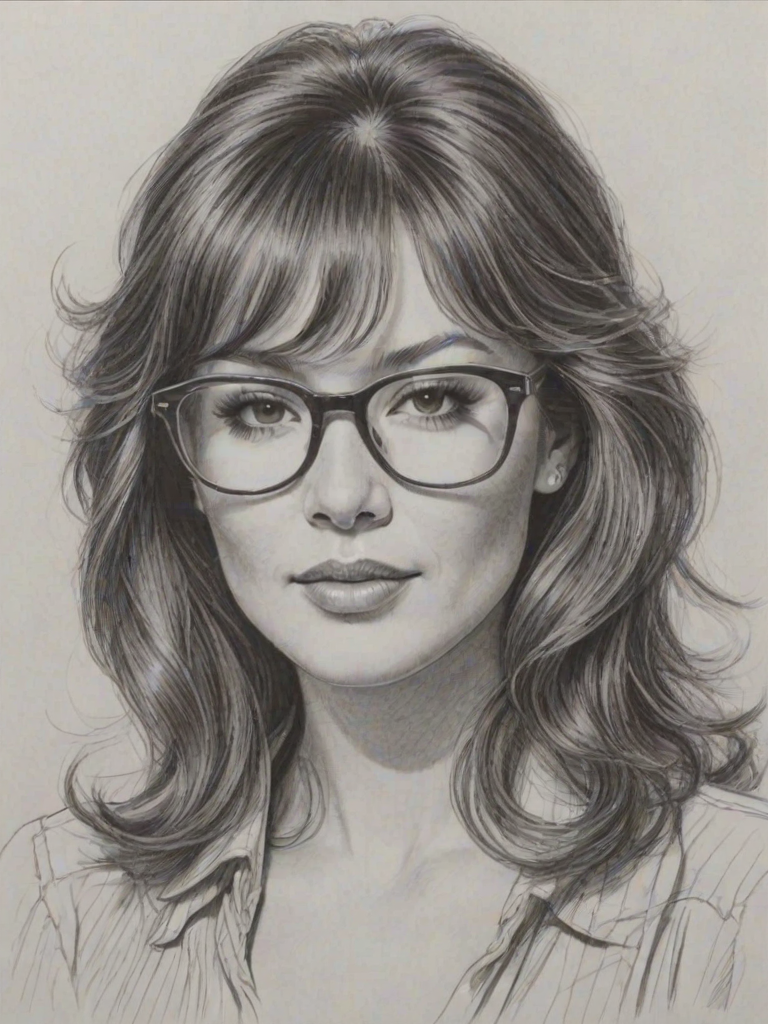 Enticing Lindsay Price, pencil sketch, portrait of Exquisite woman 1980s in glasses, hair style beatnik, outline, clear lines, fine lines, 8k