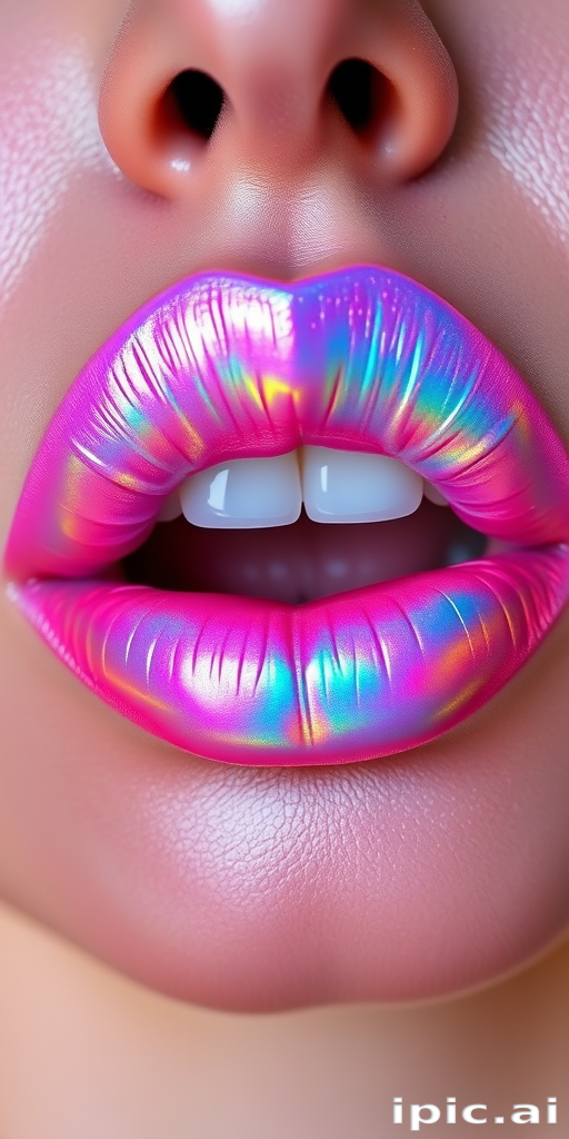 Iridescent holographic lips dubbed "Unicorn Dreams" showcase a multidimensional shift of pastel hues, creating a magical and ethereal appearance for festival-goers and makeup enthusiasts