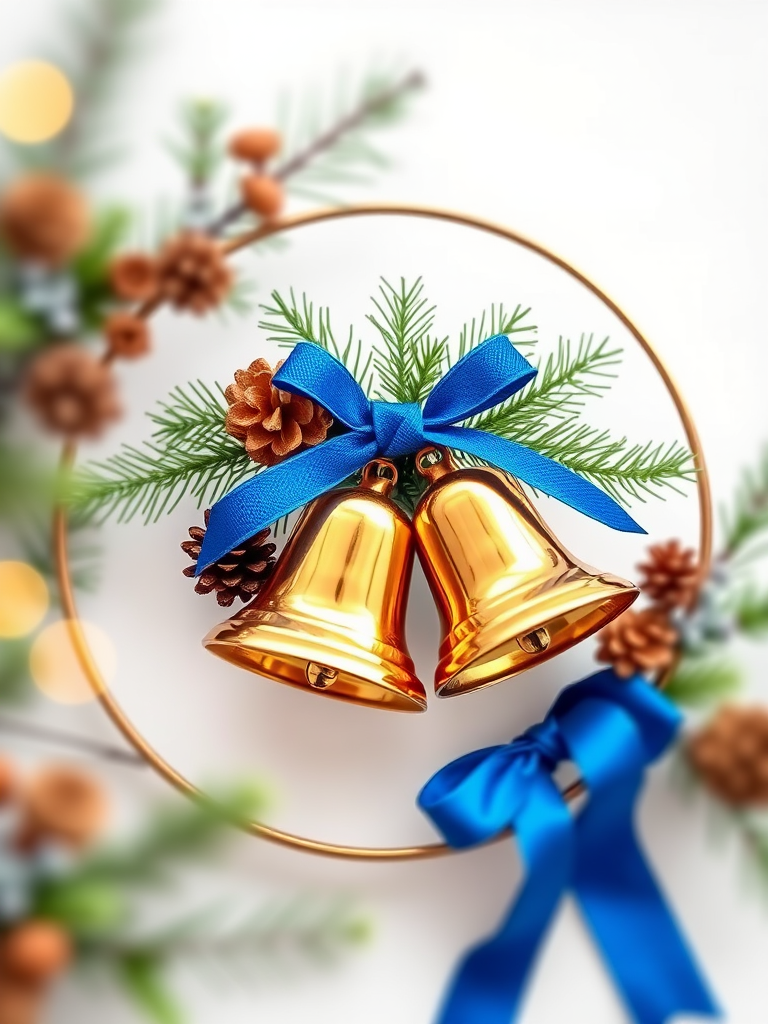 Create a high-resolution circular frame featuring two golden bells adorned with greenery, pine cones, and a blue ribbon, captured with a DSLR camera at f/2.8 aperture, 50mm lens, using a soft focus style to emphasize the festive elements and enhance depth of field.