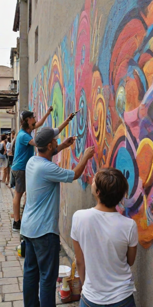 Group of artists painting a mural on a city wall, their vibrant colors bringing life to the dull concrete, while passersby stop to watch.