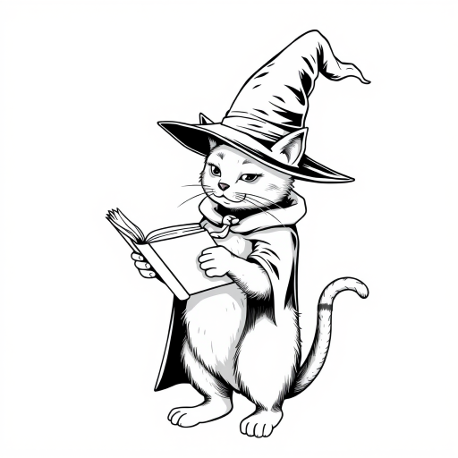 A grayscale illustration of a cat wearing a witch's hat and cloak. The cat is standing on its hind legs and is holding a spellbook in its paws and reading it intently. The hat is tall and pointed, with a wide brim and a pointed top. The cloak is draped over the cat's body, covering its body. The background is plain white, making the cat and the book the focal point of the image.