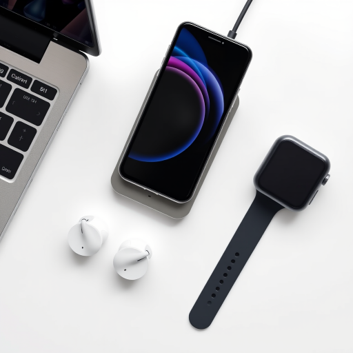 Create an image of a sleek wireless charging station designed for a smartphone, smartwatch, and wireless earbuds, using a high-resolution DSLR camera, 50mm lens, f/1.8 aperture, ISO 100, natural lighting, and a top-down view to capture details and reflections, with a clean white background to enhance contrast and focus on the products.