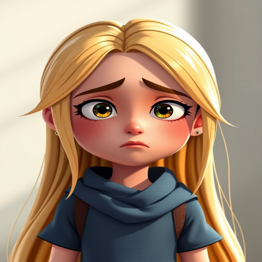 create a high-resolution image of a cartoon character with long blonde hair and a sad expression, use a Canon EOS 5D Mark IV with a 50mm lens, aperture set to f/1.8, ISO 200, and a soft natural light source for enhanced detail and color vibrancy